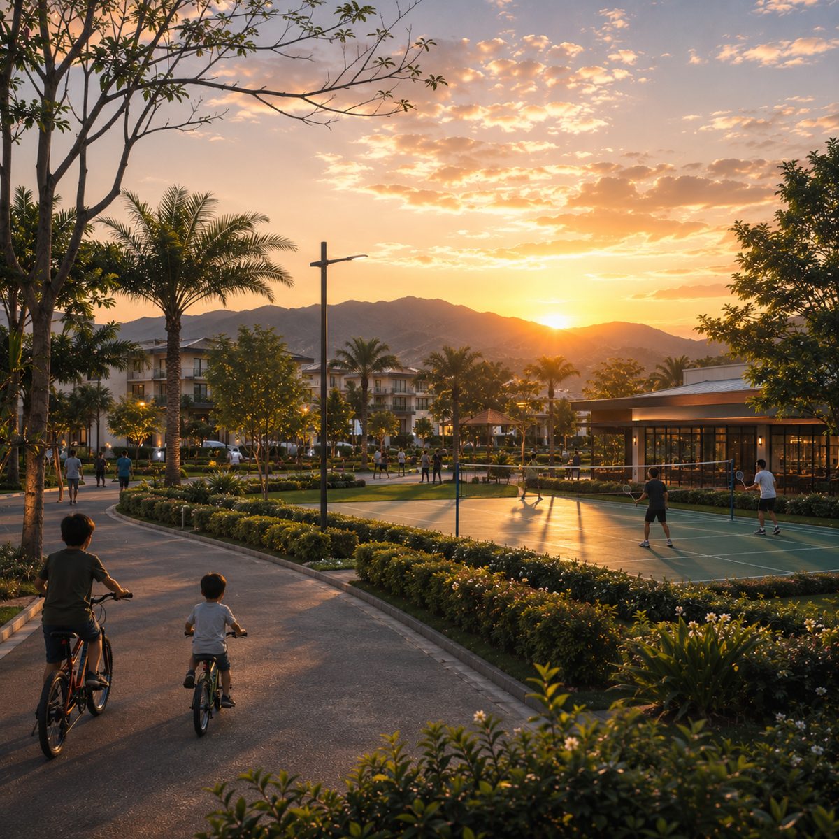 Children cycling and neighbours playing badminton at golden hour as the sun sets behind the hills