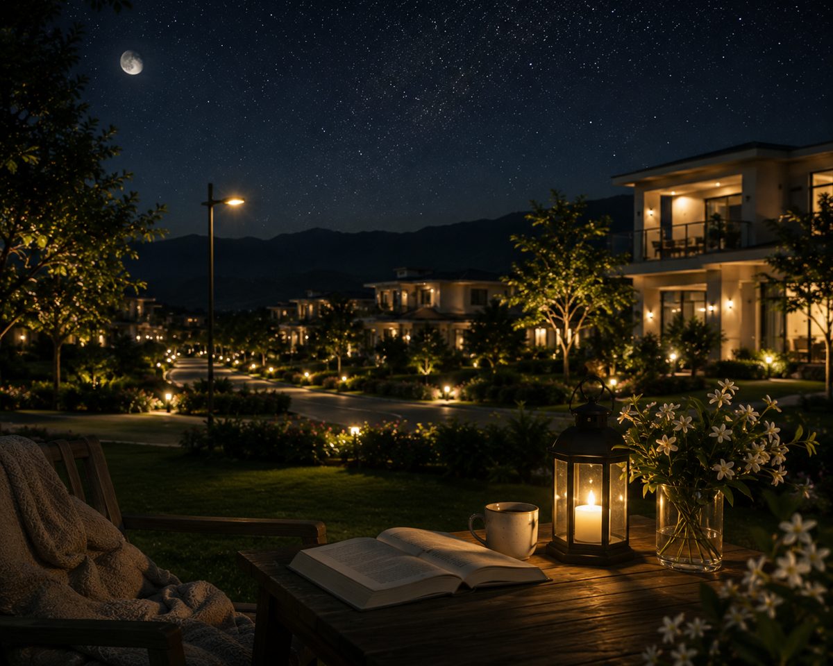 A quiet starlit night on the balcony — an open book, lantern, coffee and jasmine under the moon and stars