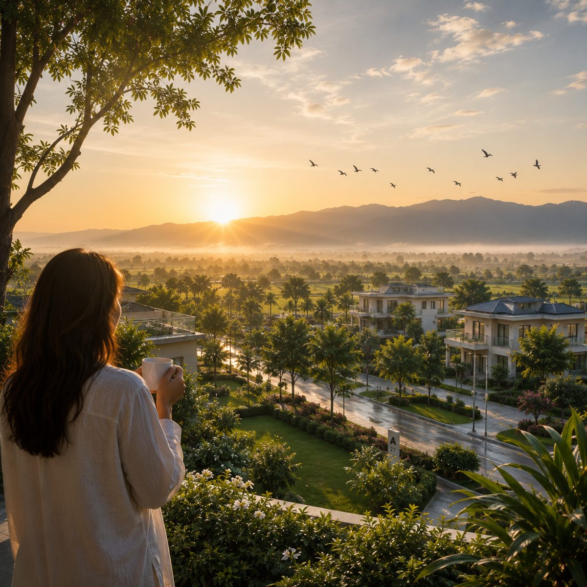 A woman with coffee watching the sunrise over the township and hills from her balcony