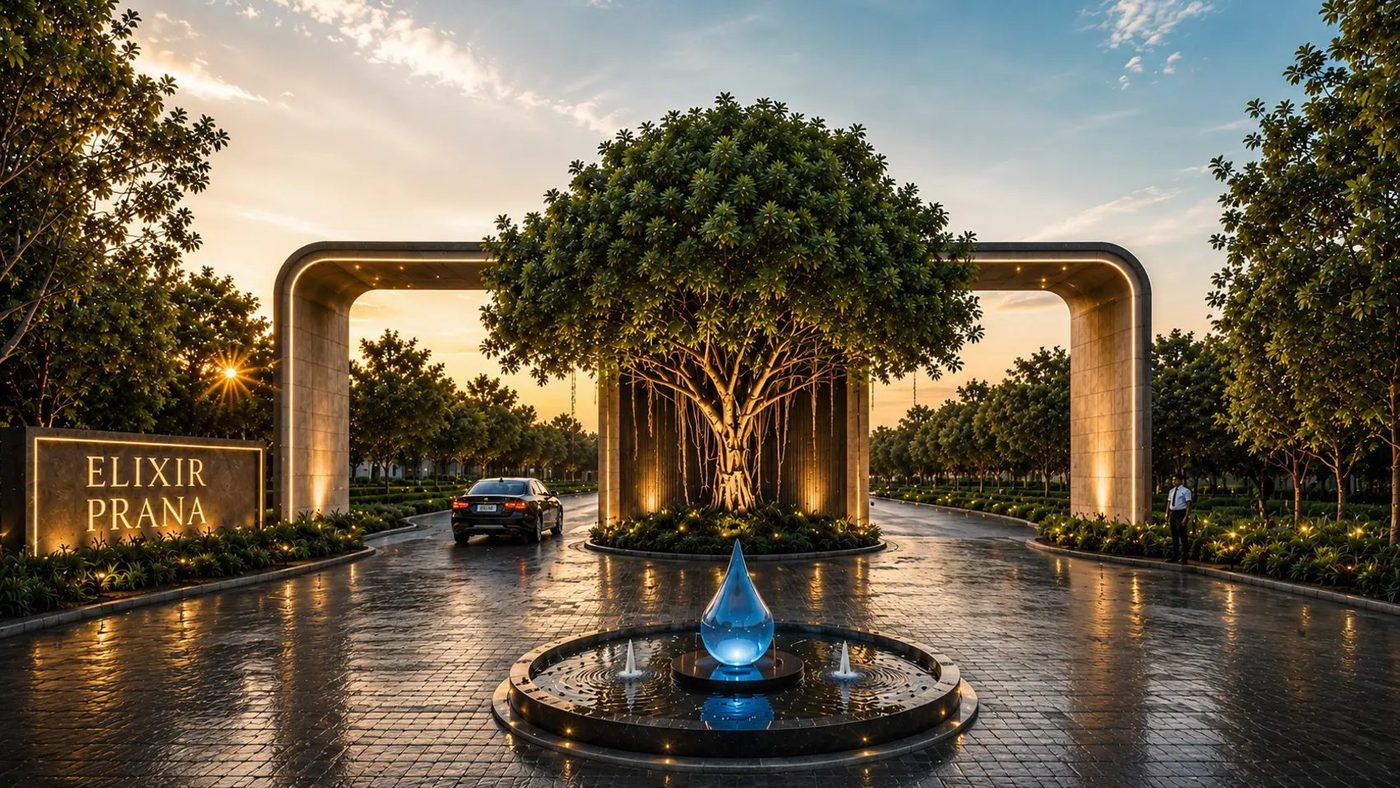 The Elixir Prana entrance gate with banyan tree and water-drop fountain at dusk