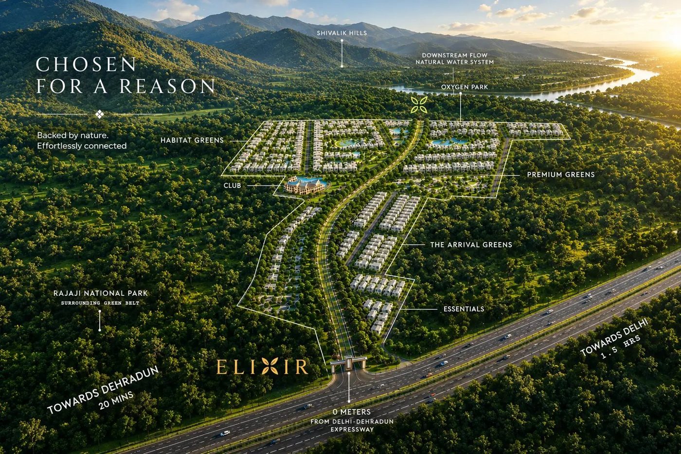 Elixir Prana master location map — Delhi–Dehradun Expressway, Rajaji National Park green belt and Shivalik Hills