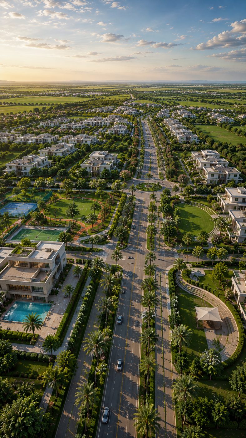 Aerial view of the green Elixir township — tree-lined avenues, parks, villas and pools