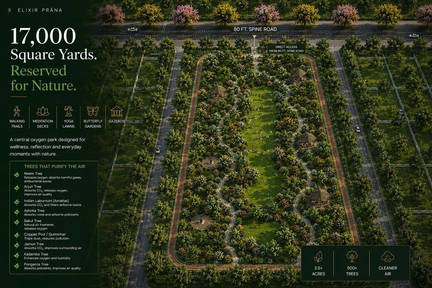 Elixir Prana's central Oxygen Park — 17,000 sq.yd. of walking trails, meditation decks, yoga lawns and butterfly gardens along the 80 ft. spine road